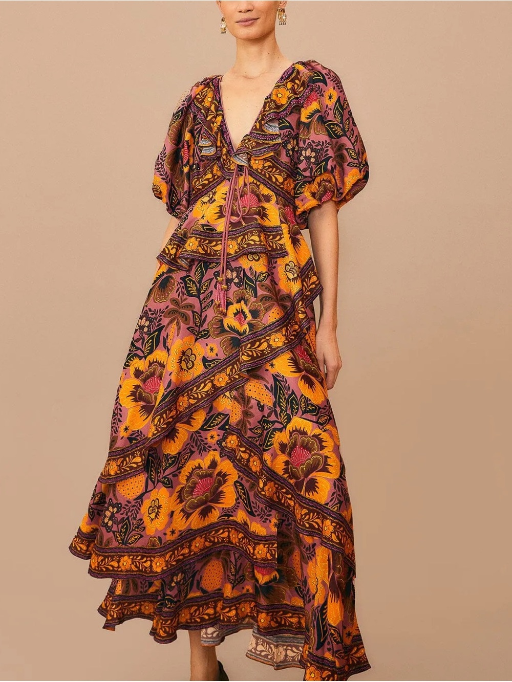 FARM RIO Blush Garden Bloom Ruffle Maxi Dress Size M